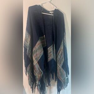 Woven Heart Navy Poncho with Colorful Accents